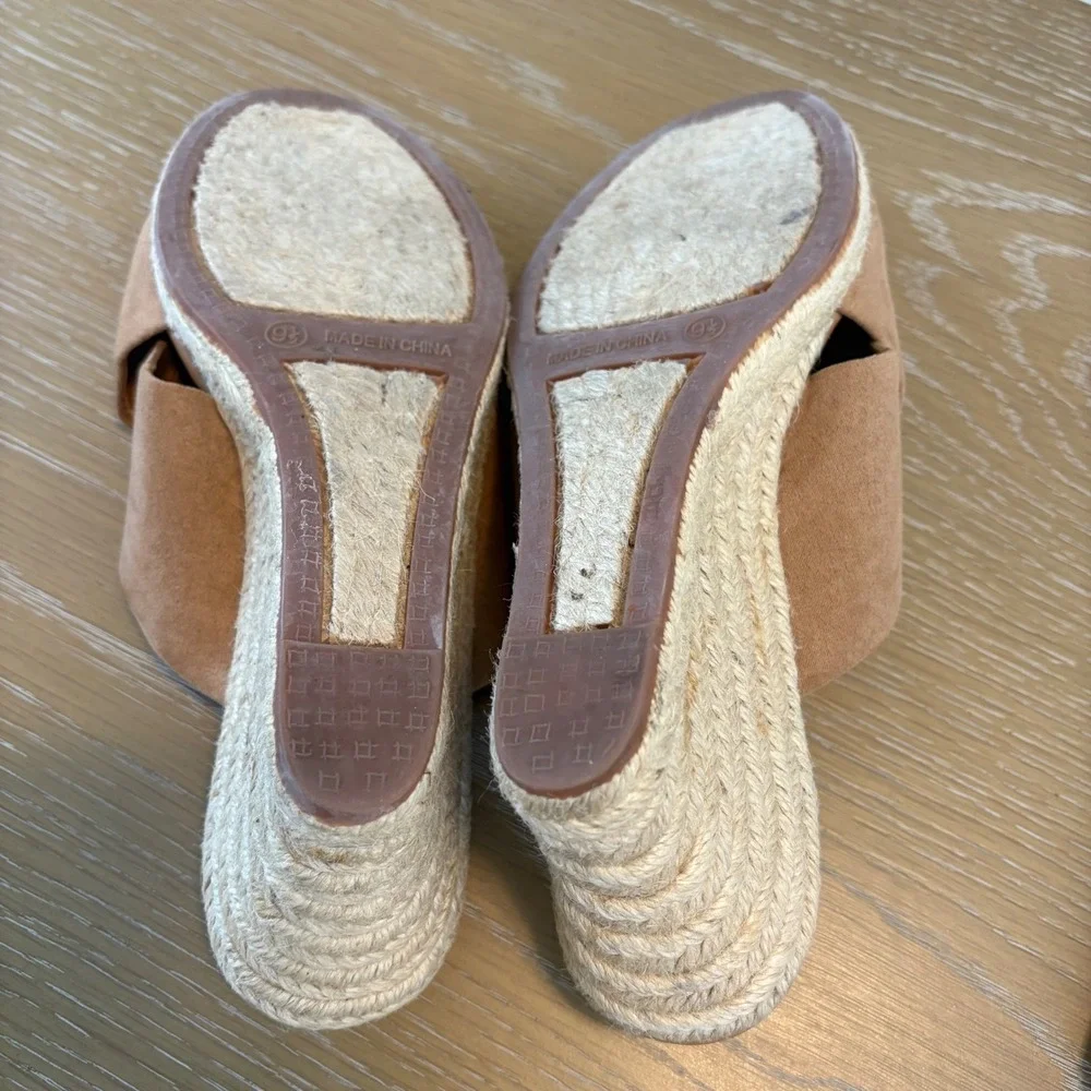 J.Crew Womens Tan Suede Crisscross Espadrille Wedge Sandals‎ Peep Toe Slide 9.5